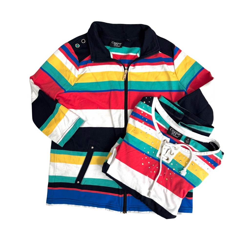 Onque Casual Jacket & Top Set Women S Multicolor Striped Lace Up Rhinestone Zip